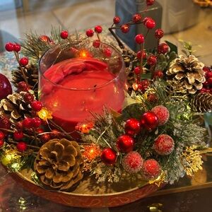 Holiday Red Candle Centerpiece with Pinecones and Berries
